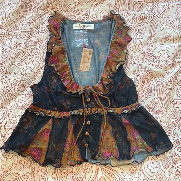 NATURAL LIFE Blue and Red Ruffled Peplum Blouse - Picture 1 of 3